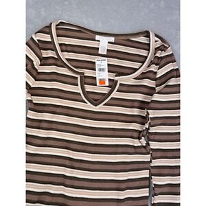 FULL TILT Women's Medium Brown White Stripe Ribbed Notch Neck‎ Long Sleeve Top